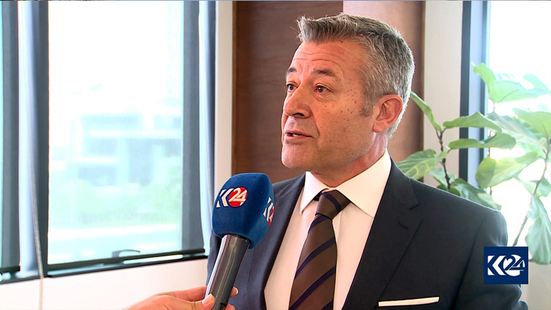 Dori Abouzeid, Founder and CEO at Macair Flight Support and President of AmCham Kurdistan, being interviewed by Kurdistan 24, April 10, 2022. (Photo: Kurdistan 24)